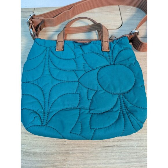 Vintage Fossil Bag Quilted Blue Trimmed In Cow Hide Leather Flaw - Picture 5 of 8